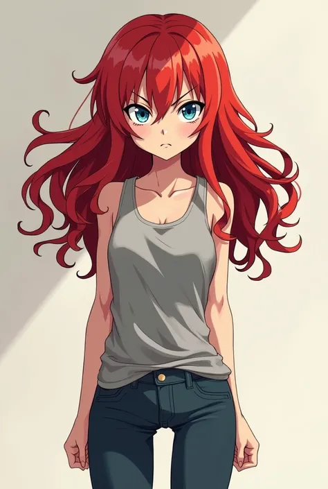 Slim blue-eyed red-haired girl fitt long curly hair stubborn angry and jealous anime full body tsundere