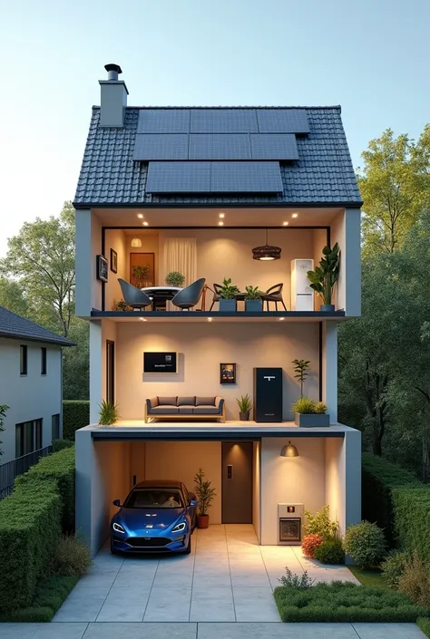 A modern house cut in half, revealing its interior with various advanced technologies. On the roof, solar panels are clearly visible, powering the home. Inside, the living room features a sleek air conditioning unit mounted on the wall. In a nearby utility...