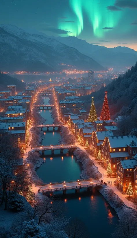  Nice city taken from above、 Beautiful scenery 、 Christmas season 、 Lots of decorations 、Bridges visible 、You can also see the Northern Lights