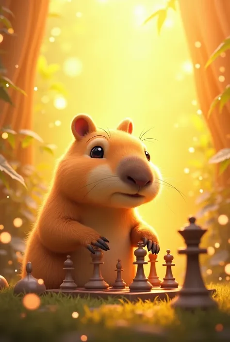 Capybara playing chess with golden kawaii background