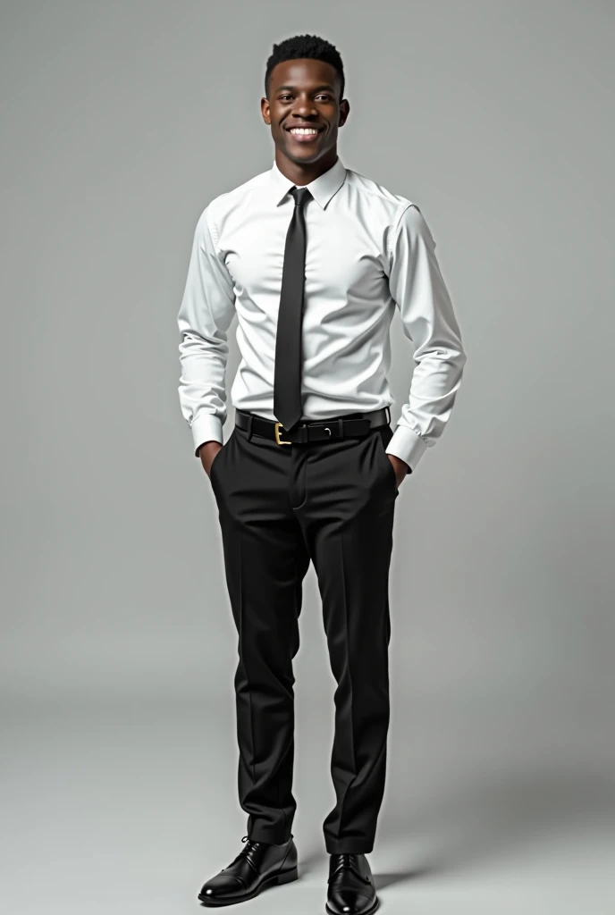 A realistic style image of a 30 year old man with dark skin, 511" tall and short black hair. He is wearing a light white dress shirt and black tie, black pants and dress shoes. The man has a happy expression on his face. He has a lean, athletic build. The ...