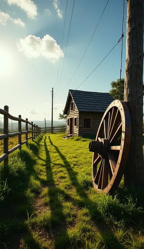  wide-angle image ,  of a rural farm , humble,  with wooden fences and green pasture .  Dawn of a day with sun and blue sky. Uma casa humble de madeira, Right in the background of the image .  The house must appear in its entirety , and uncropped . Next to...