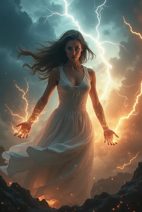  Surreal 4K high definition image of an empowered woman , beautiful, beautiful eyes, with supernatural powers that control tornadoes and the storm ... she is determined to do justice and her cry of supremacy exercises respect and admiration with a bolt of ...