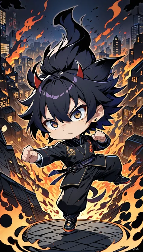 Deformed character, style of Japanese anime character, chibi style, with the motif of the Black Magician, alone, overlooking the city, at night, in a fighting pose, surrounded by a full body shot of black flames, awesome