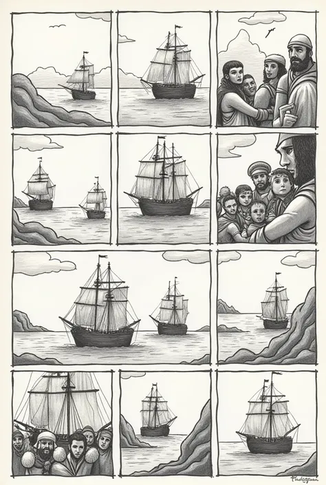  Create a comic about the discovery of America,  that looks like it was made by a simple human , It must have 12 sheets and a hyphen  