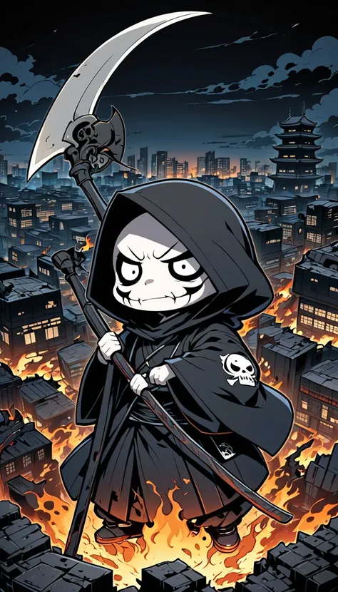 Deformed character, Japanese anime character style, Chibi style Grim Reaper motif, alone, overlooking a destroyed city, at night, in combat pose, carrying a large scythe, surrounded by a full body shot of black flames, awesome