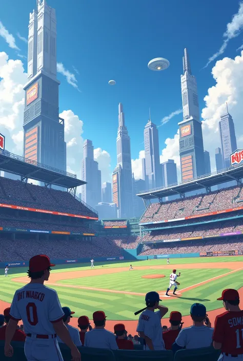 2 teams playing baseball in a stadium, on the field, cyber city in the back ground, soft lighting, very detailed, ultra-high resolution, anime style