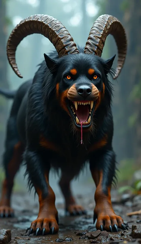 Fusion of a goat with an angry and roaring rottweiler 