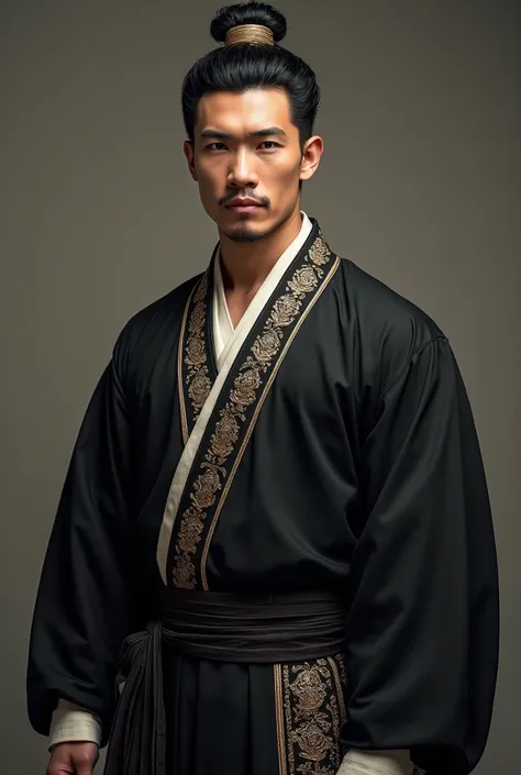 Man, tall, with black eyes, black hair, athletic body, wearing a black Male Hanfu (traditional Chinese Shirt) with gold details.