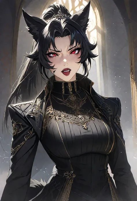 beautiful anime woman wearing a black military trench coat, tight black jeans pants, wolf ears, wolf tail, half wolf and half human, red eye color, black hair in a ponytail, light novel art, detailed anime art, 4k, anime, regal, royal, sexy, thicc, detaile...