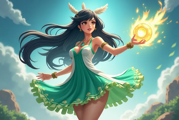 " A colorful and dynamic animated game character .  She scatters .  She is wearing a dress that is in harmony with emerald and white. ,  The end of the dress contains an elaborate pattern. .  Her right hand is holding a weapon in the form of a glowing ener...