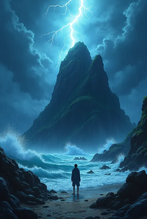 Storm on top of an island in anime style