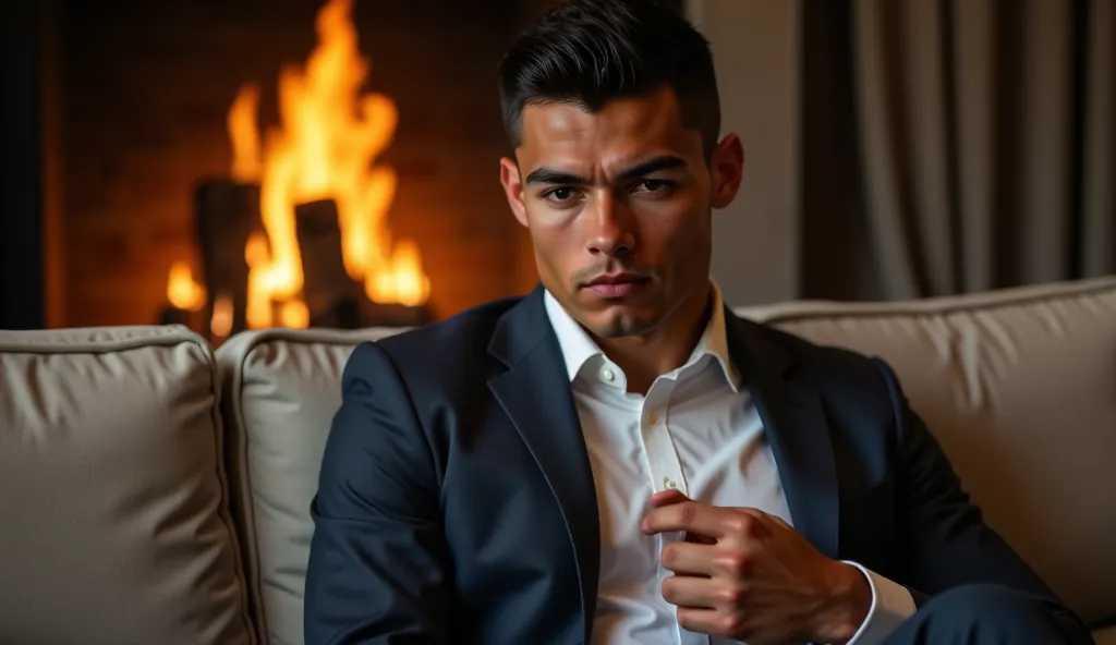 ronaldo in a suit, small head, extremely detailed skin, reading seated on sofa, in front of fireplace, blurred background.