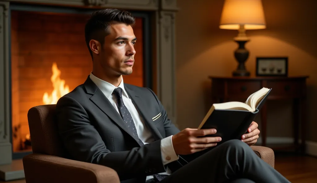 ronaldo in a suit, small head, extremely detailed skin, reading seated on sofa, in front of fireplace, blurred background.