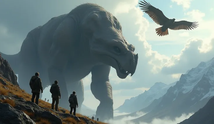  humans watching colossal beasts approach from a mountain ,  in the distance (a huge condor )