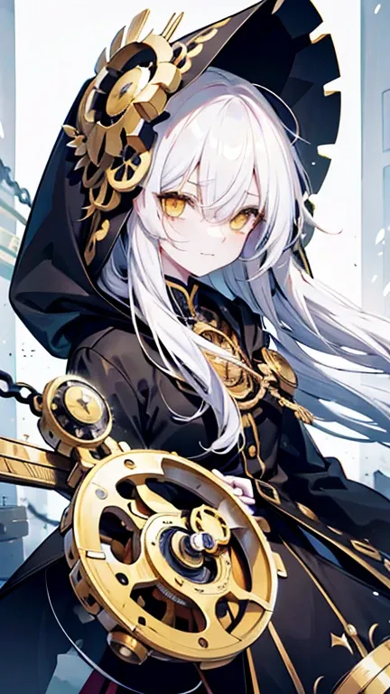 biologically correct, many gear are there, machine girel, white hair, ahoge, long hair, shiny hair, hair over one eye, hood up, mole under eye, raised eyebrows, mismatched pupils, yellow eyes, longeyelashes, sad, forced smile, anime,  UHD, retina, masterpi...