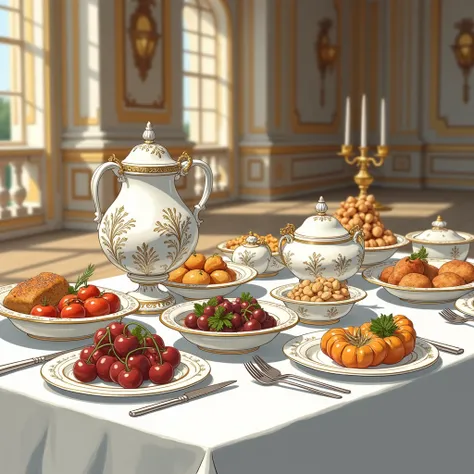 An anime-style illustration of a luxurious Versailles palace feast displayed on a table. The scene features elegant ceramic tableware, captured in a close-up shot with a low-angle perspective. The composition uses clean and simple lines to highlight the in...