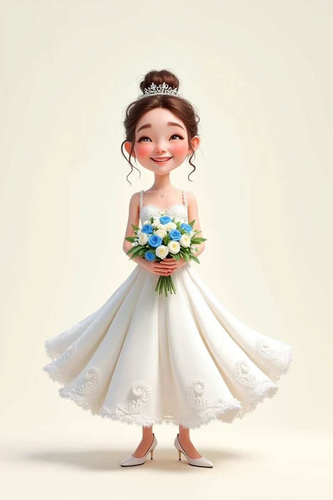  We will create a 2D cartoon style image .
 The image will be of a white-skinned bride . The bride will wear a long white dress ,  heels and will carry a bridal bouquet with white and blue flowers.
 The bride must show herself in full body and in front of ...