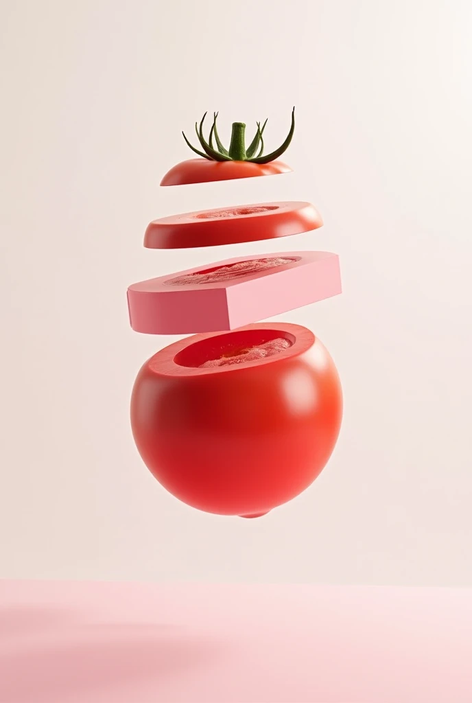 **A red tomato deconstructed into basic geometric shapes floating in pristine space. Using only red and pink shapes with precise mathematical spacing and proportions --ar 3:2 --style raw**