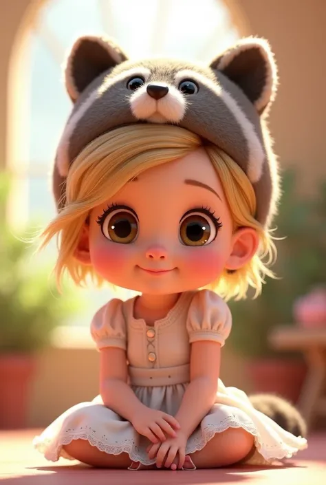  Disney Pixar style character Rapunzel baby short hair, white dress with raccoon hat  