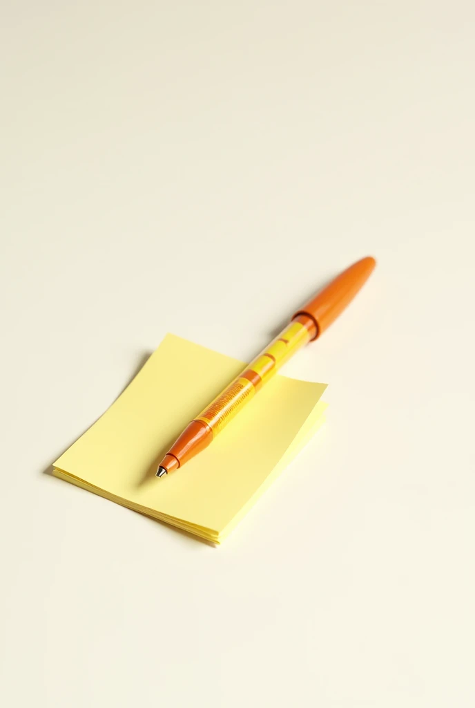 Create an image where you can only see a pen with orange and yellow tones on a post-it in a relaxed position with a white background
  