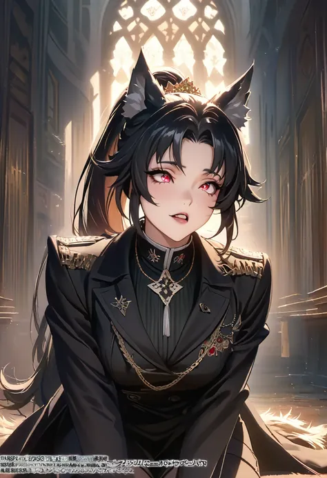 beautiful anime woman wearing a black military trench coat, tight black jeans pants, wolf ears, wolf tail, half wolf and half human, red eye color, black hair in a ponytail, light novel art, detailed anime art, 4k, anime, regal, royal, sexy, thicc, detaile...