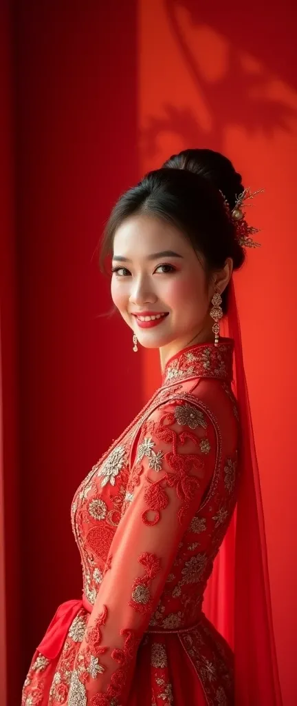 Wedding Photos，Chinese dress，Chinese wedding dress ， beautiful posture of the bride ， soft makeup ， smiling into the camera，whole body，Red embroidered shoes， red background ， soft lighting in the studio ，Creative Photography， HD texture，32K quality，Detail ...