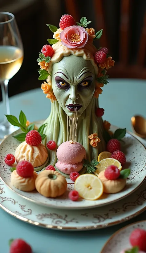   make delicious ice cream and flowing waterfall effects on an upscale dinner plate  ，, An angry witch expression shape made of waterfall-shaped flowers and delicious ice cream， Is this possible   ，   Put a delicious drink on a delicate plate   , dessert, ...