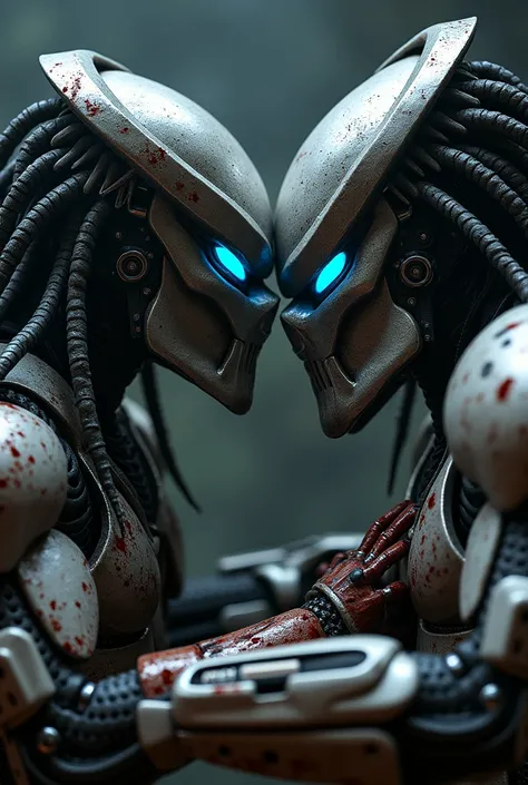 robo, humanity,  mask from the movie Predator, talk, blue eyes, blood, Brutal Force  