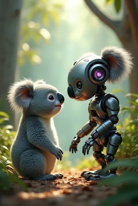 Koala  and ()robot watch each other face to face