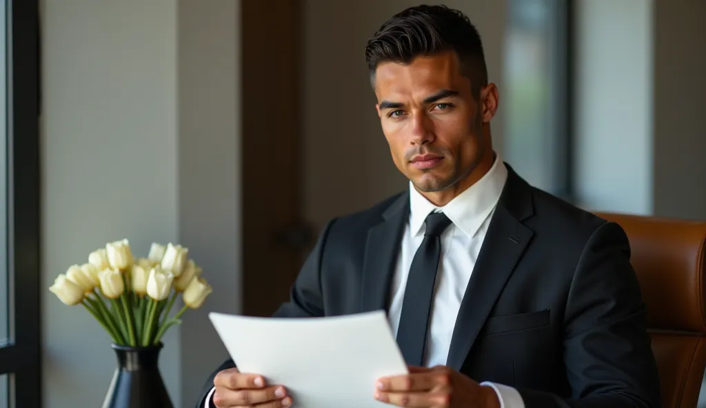 ronaldo in a suit, small head, extremely detailed skin, reading documents at office, blurred background.