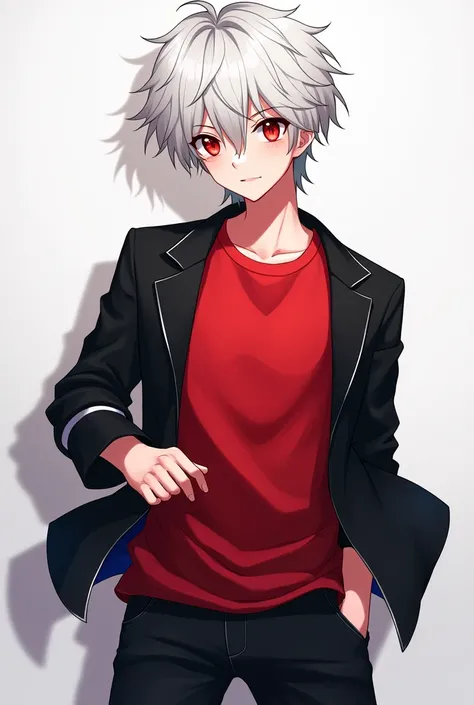 anime young adult boy with white hair, red eyes, red shirt, black jacket, black shorts, bare feet 