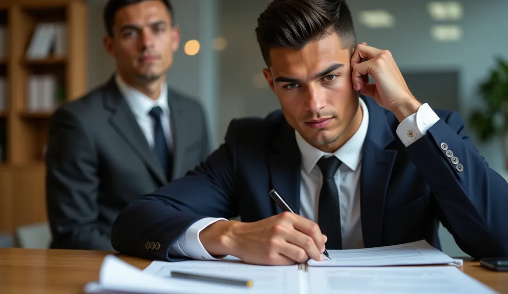 ronaldo in a suit, small head, extremely detailed skin, reading documents at office, blurred background.