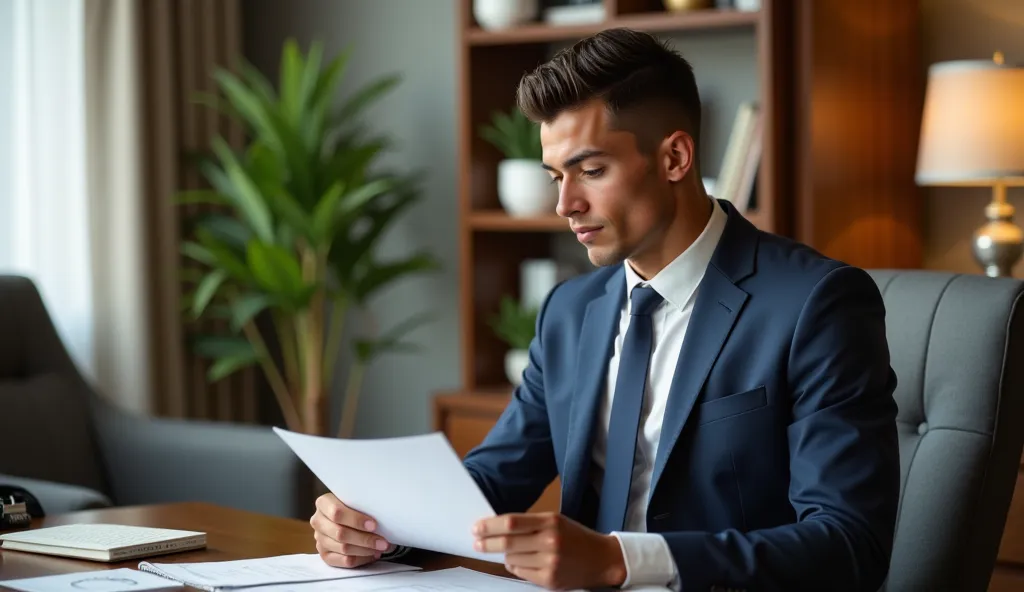 ronaldo in a suit, small head, extremely detailed skin, reading documents at office, blurred background.