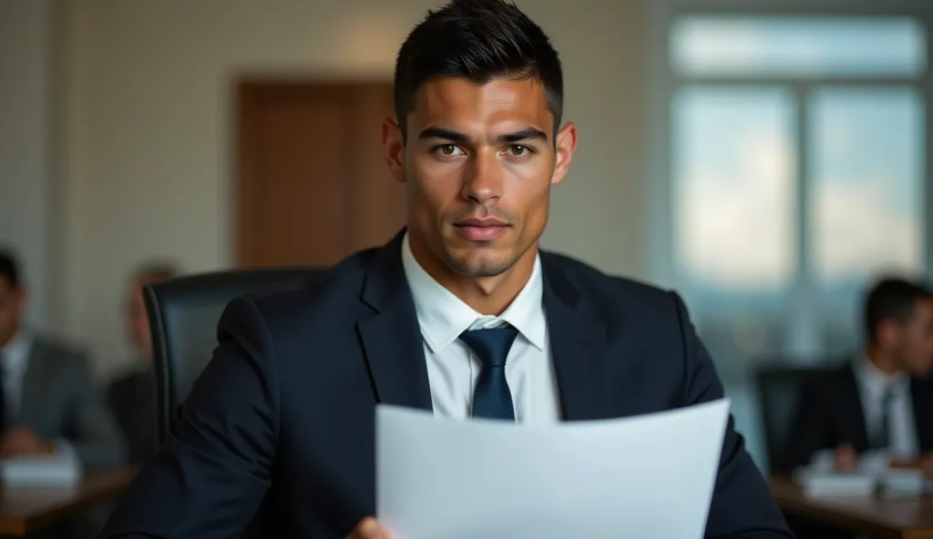 ronaldo in a suit, small head, extremely detailed skin, reading documents at office, blurred background.