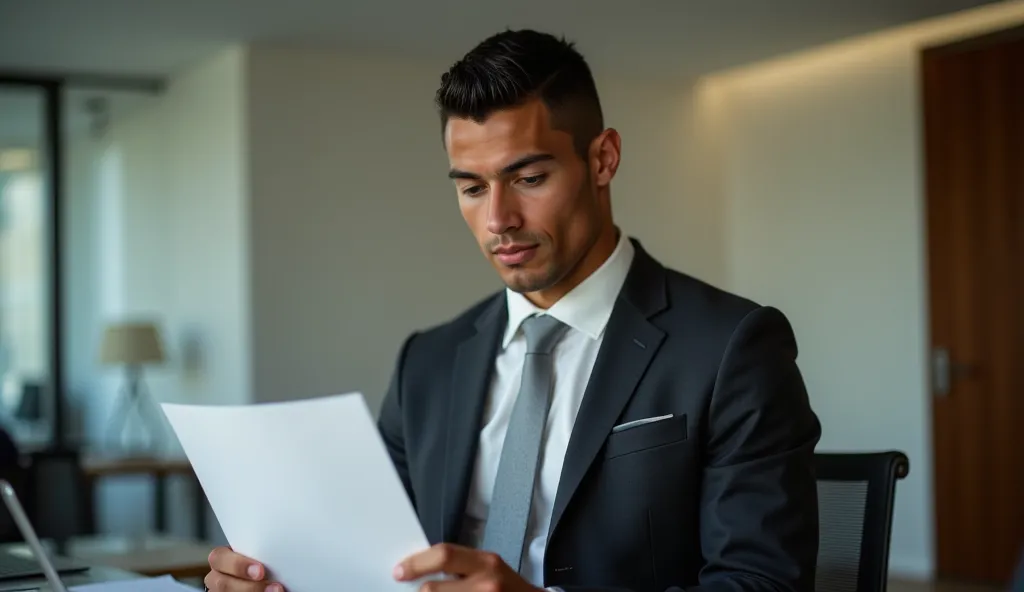 ronaldo in a suit, small head, extremely detailed skin, reading documents at office, blurred background.