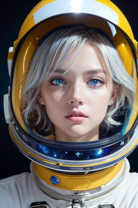  Closeup of a Better Masterpiece：1.5)0.9]、(Space and astronauts：1.2) (Disheveled silver hair：1.1) (Heterochromia and Yellow and Blue Eyes：1.2) ( space helmet：1.0) (Colored stars in the eyes：1.0) (Shining Light：1.1) (Thick lips：0.9)