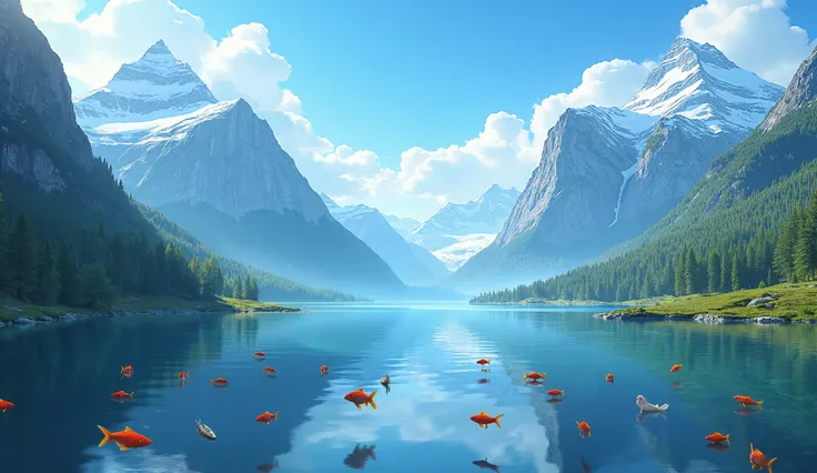 Two mountains with a lake in the middle with fish 