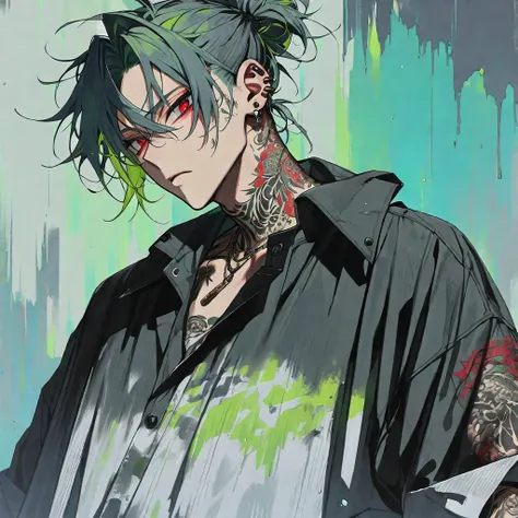 (Alone), (1 male), (GLAY hair with green inner hair color),  (ponytail),(Man Bun),(Red eyes), (Black Shirt),(a dirty look),( Stylish),(Ear Piercing),(tattoo on neck), (gold necklace),(Oversized shirt),(Face up)