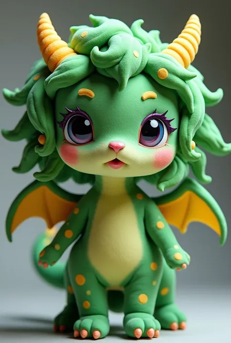 A Green haired two eyes two horns Two wings Green with yellow spots Greek god Female purple lips mythology zork stuffed animal