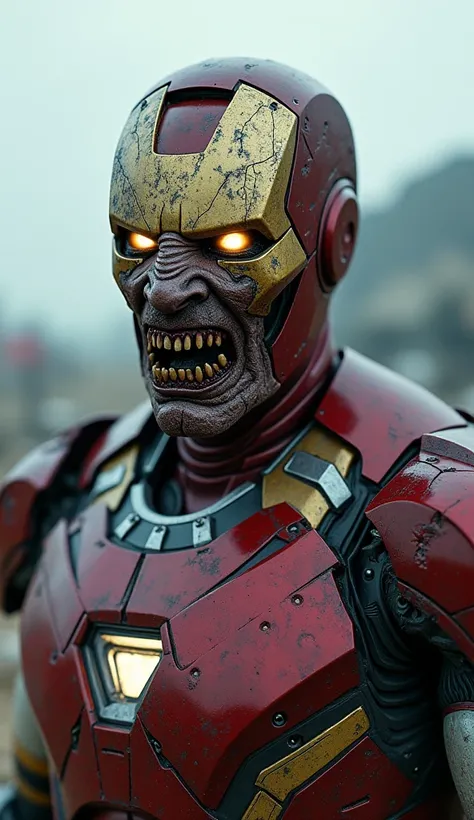 An ultra-realistic version of Iron Man as a zombie, with his armor damaged and rusted, showing cracks and dried bloodstains. His partially exposed face reveals decaying flesh and glowing eyes radiating dark energy. The scene is set in a post-apocalyptic en...