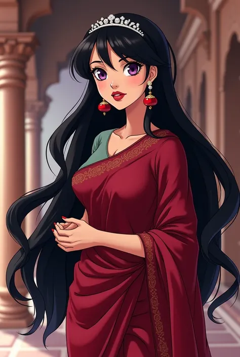  Serena a beautiful woman with very long black hair up to her hips ,  with her bangs split in half falling on her forehead purple eyes red and sensual lips,  of beautiful curvilinear body , with a pearl tiara over her hair ,  dressed in a ruby red sari the...