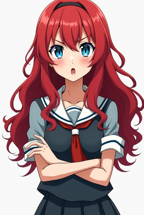 Slim blue-eyed red-haired girl fitt long curly hair stubborn stubborn angry and jealous surprised full body anime tsundere 20 years old