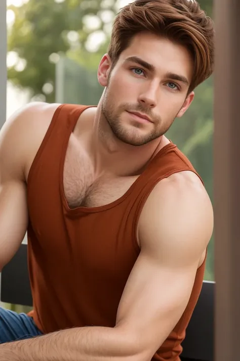   handsome German man focuses on the face ， brown eyes，Reddish brown hair，sleeveless t-shirt， Adult Male