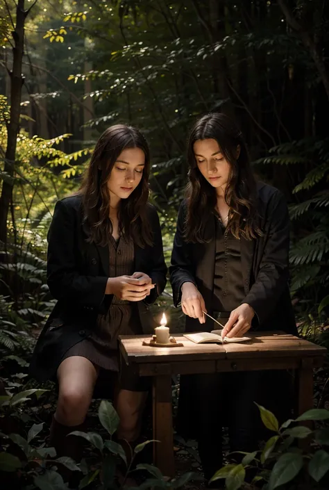 Thorne and Elowen practicing magic spells in a mystical forest