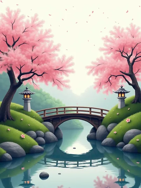 "A serene Japanese garden with an arched bridge over a small pond. Include blooming cherry blossom trees, stone lanterns, and grass-covered mounds. Use clean lines to emphasize the intricate details."