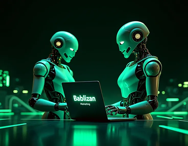  banner 1080x1080x to promote a paid traffic company. Company Name: BABLIZAN MARKETING. Neon green color with black .  the image with a futuristic background . robos utilizando um notebook e na tela escrito o Company Name estilo i.a