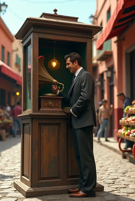 Person speaking through a phono booth in Peru