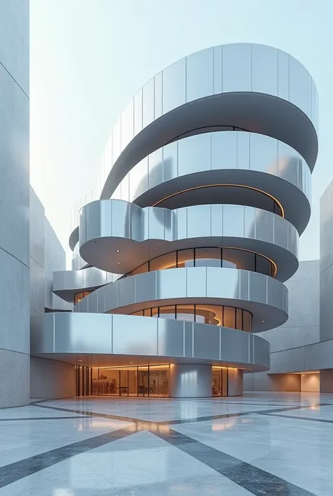 Create a very futuristic image of the Solomon Guggenhein museum with silver colors