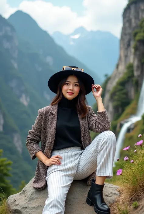  Young Asian woman of propositional fat stature sat on a rock ,  smiling and posing in front of the camera .  She was wearing a black hat ,  Sweater a fashionable knit jacket pattern of stripes ,  and white striped white trousers on the side , as well as w...